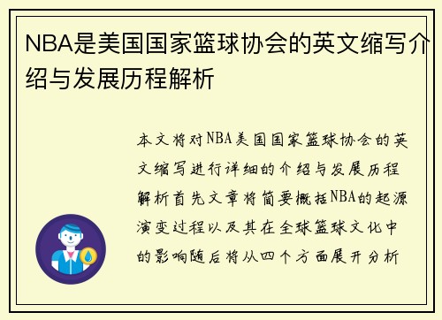 NBA是美国国家篮球协会的英文缩写介绍与发展历程解析