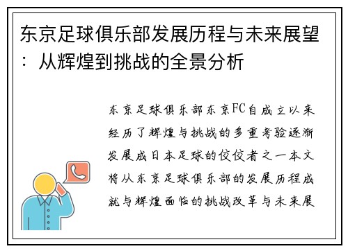 东京足球俱乐部发展历程与未来展望：从辉煌到挑战的全景分析