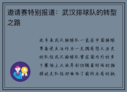 邀请赛特别报道：武汉排球队的转型之路