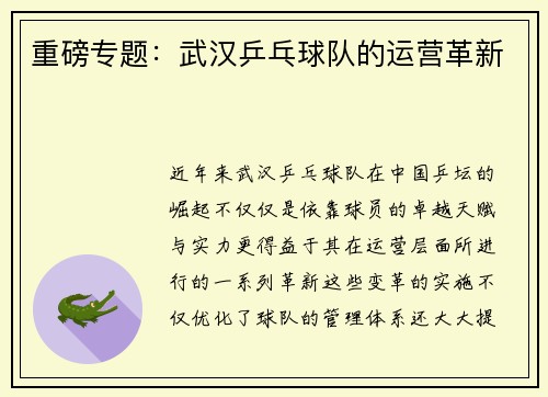 重磅专题：武汉乒乓球队的运营革新