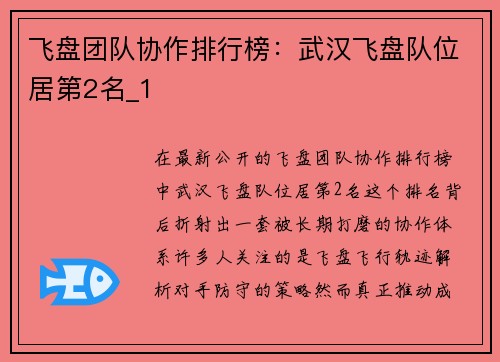 飞盘团队协作排行榜：武汉飞盘队位居第2名_1