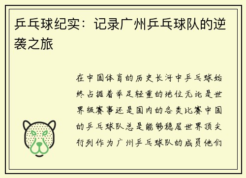 乒乓球纪实：记录广州乒乓球队的逆袭之旅